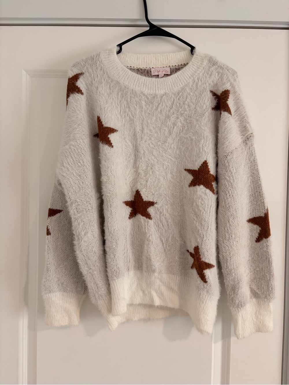 Pink Lily White Fuzzy Crewneck Sweater with Brown Star Accents